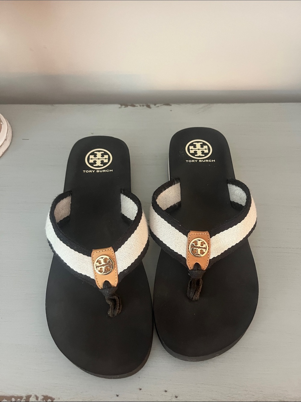 Tory Burch Black and White Canvas Thong Sandals with Gold Logo Accent
